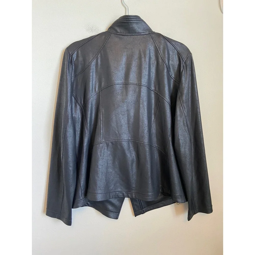 Clara Sunwoo Womens XL Black Liquid Leather Zip Moto Jacket Gold Zip - Picture 6 of 8